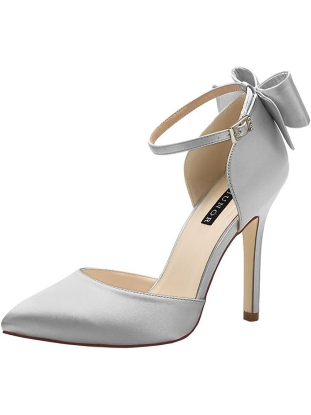 Women's Silver Satin Bow Ankle Strap Pointed Toe Party Dance High Heels